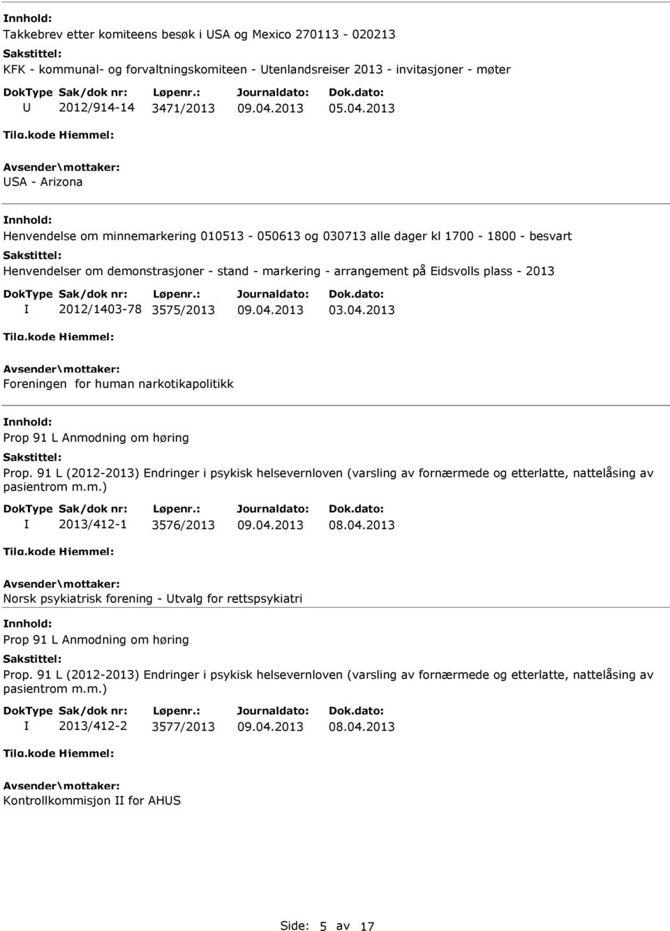 2012/1403-78 3575/2013 03.04.2013 Foreningen for human narkotikapolitikk Prop 91 L Anmodning om høring Prop.