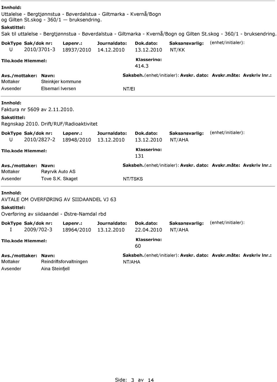 måte: Avskriv lnr.: Steinkjer kommune Elsemari versen NT/E Faktura nr 5609 av 2.11.2010. Regnskap 2010. Drift/RF/Radioaktivitet 2010/2827-2 18948/2010 131 Avs./mottaker: Navn: Saksbeh. Avskr. dato: Avskr.