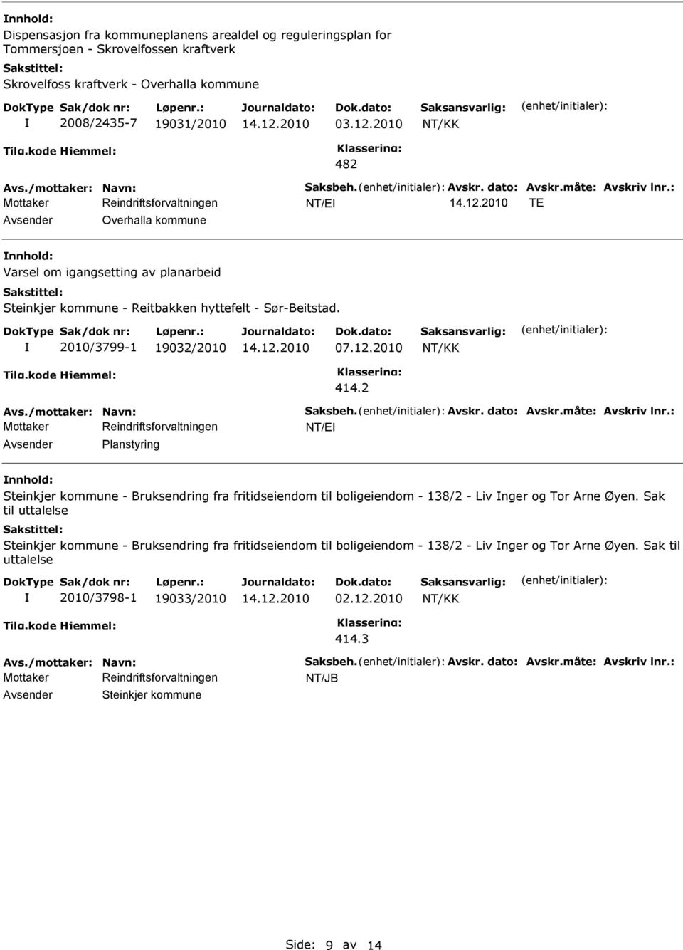 2010/3799-1 19032/2010 07.12.2010 414.2 Avs./mottaker: Navn: Saksbeh. Avskr. dato: Avskr.måte: Avskriv lnr.