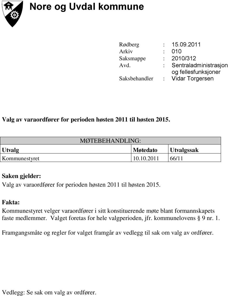 MØTEBEHANDLING: Utvalg Møtedato Utvalgssak Kommunestyret 10.10.2011 66/11 Saken gjelder: Valg av varaordfører for perioden høsten 2011 til høsten 2015.