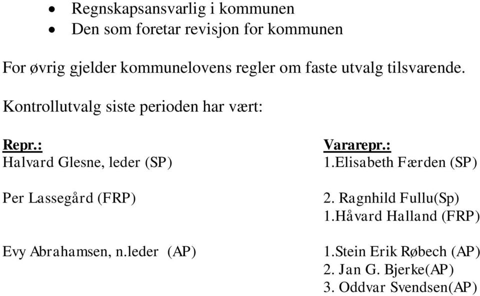 : Halvard Glesne, leder (SP) Per Lassegård (FRP) Evy Abrahamsen, n.leder (AP) Vararepr.: 1.