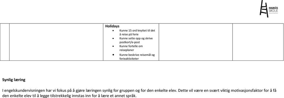 vi fokus på å gjøre læringen synlig for gruppen og for den enkelte elev.