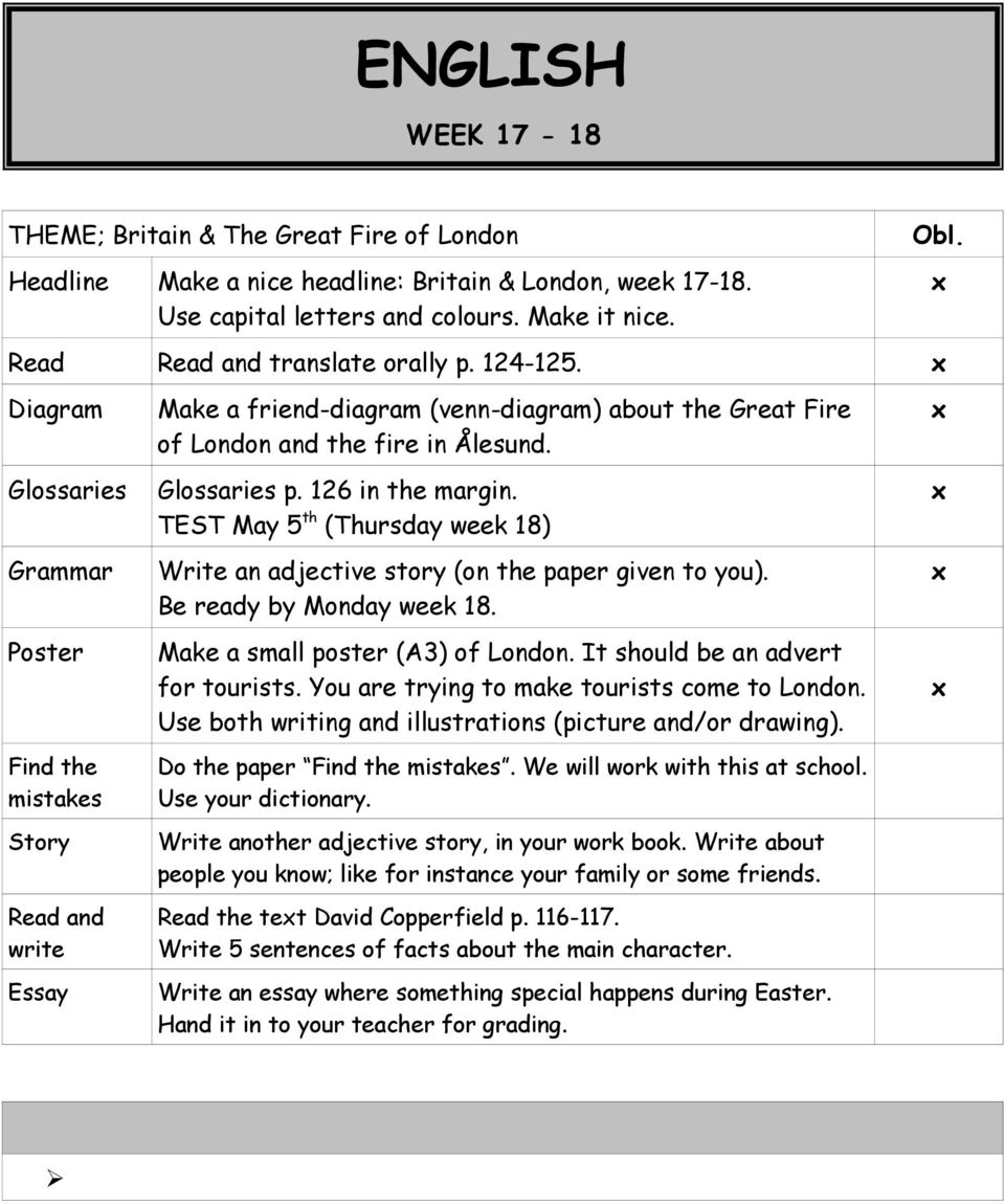 Diagram Glossaries Grammar Poster Find the mistakes Story Read and write Essay Make a friend-diagram (venn-diagram) about the Great Fire of London and the fire in Ålesund. Glossaries p.