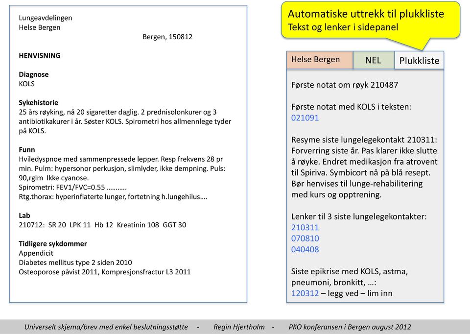 Funn Hviledyspnoe med sammenpressede lepper. Resp frekvens 28 pr min. Pulm: hypersonor perkusjon, slimlyder, ikke dempning. Puls: 90,rglm Ikke cyanose. Spirometri: FEV1/FVC=0.55.. Rtg.