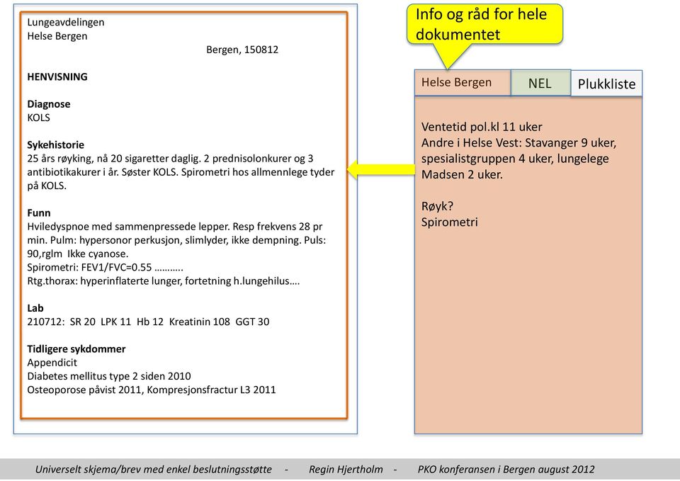 Pulm: hypersonor perkusjon, slimlyder, ikke dempning. Puls: 90,rglm Ikke cyanose. Spirometri: FEV1/FVC=0.55.. Rtg.thorax: hyperinflaterte lunger, fortetning h.lungehilus.