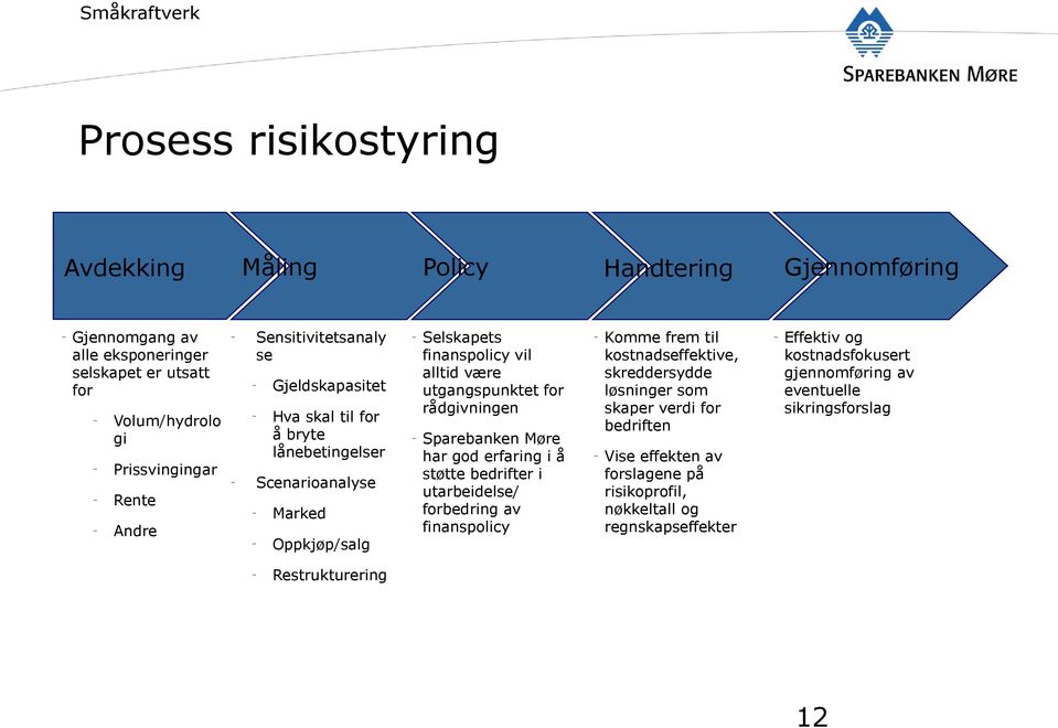 rådgivningen Sparebanken Møre har god erfaring i å støtte bedrifter i utarbeidelse/ forbedring av finanspolicy Komme frem til kostnadseffektive, skreddersydde løsninger som