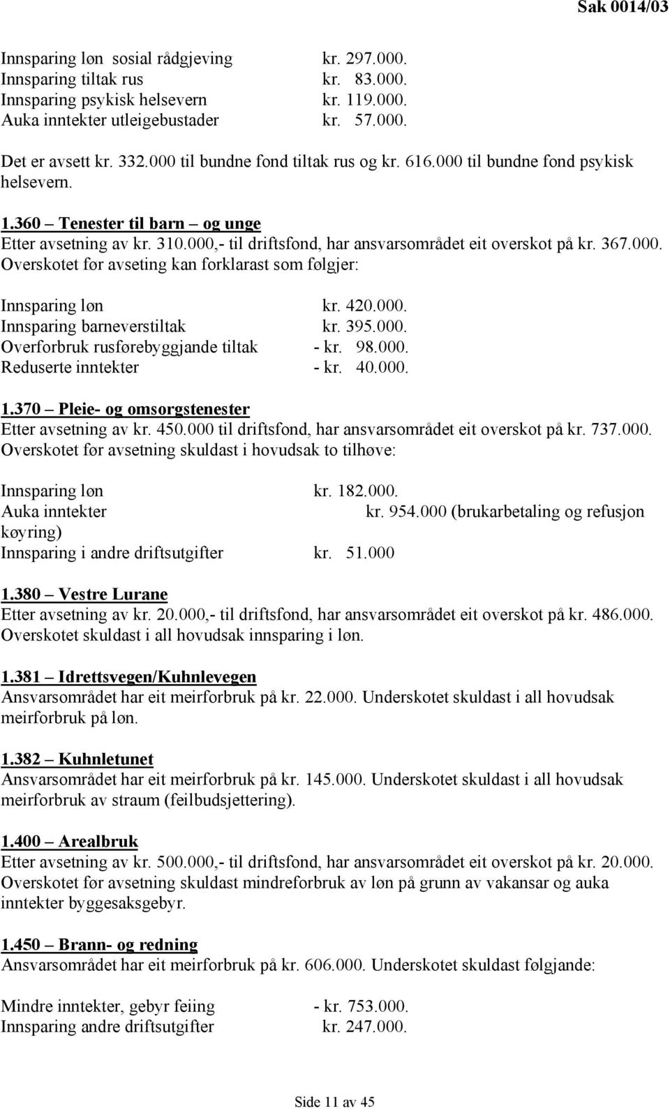 367.000. Overskotet før avseting kan forklarast som følgjer: Innsparing løn kr. 420.000. Innsparing barneverstiltak kr. 395.000. Overforbruk rusførebyggjande tiltak - kr. 98.000. Reduserte inntekter - kr.