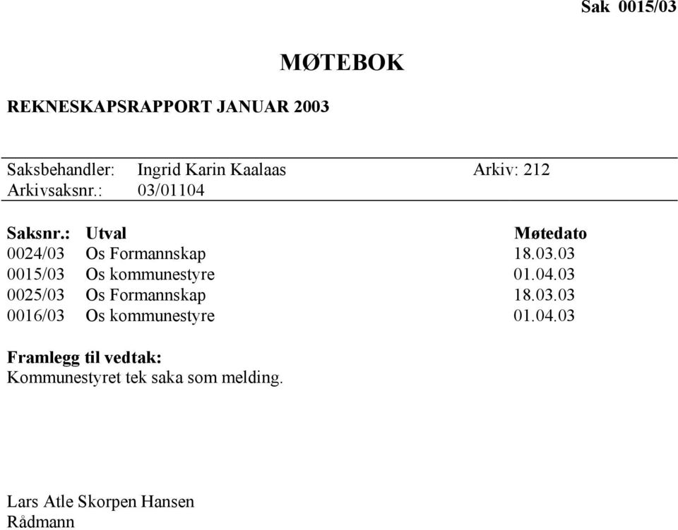 04.03 0025/03 Os Formannskap 18.03.03 0016/03 Os kommunestyre 01.04.03 Framlegg til vedtak: Kommunestyret tek saka som melding.