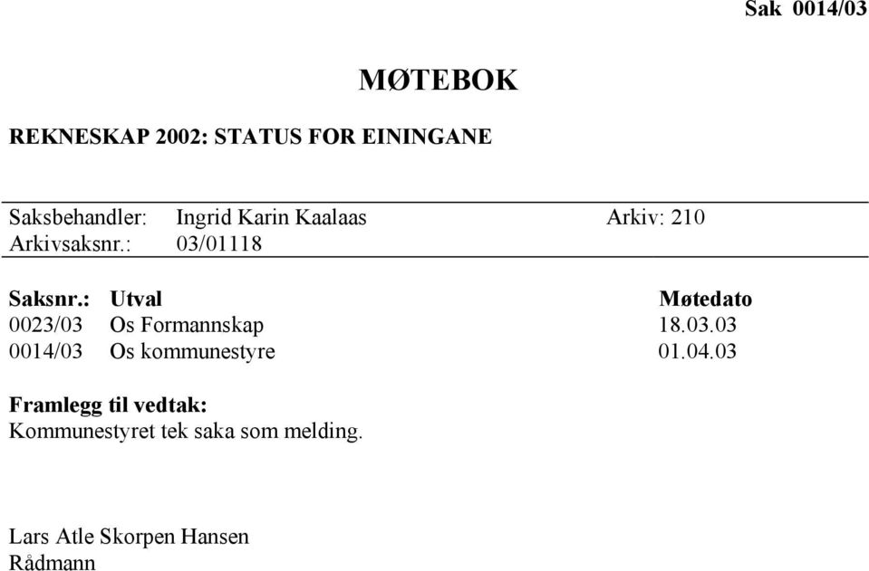 : Utval Møtedato 0023/03 Os Formannskap 18.03.03 0014/03 Os kommunestyre 01.