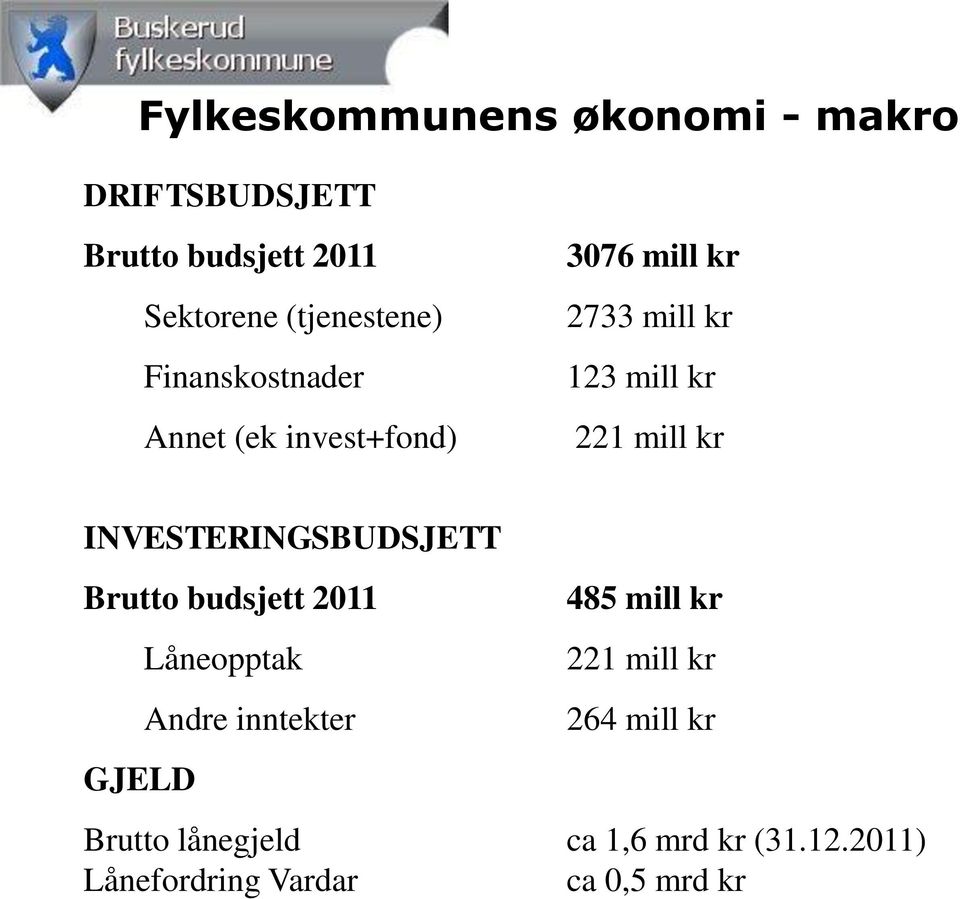 INVESTERINGSBUDSJETT Brutto budsjett 2011 GJELD Låneopptak Andre inntekter 485 mill kr 221