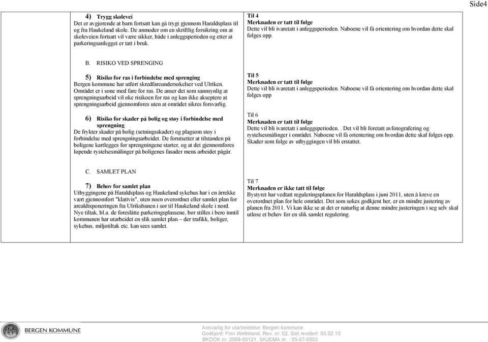 Naboene vil få orientering om hvordan dette skal følges opp. Side4 B. RISIKO VED SPRENGING 5) Risiko for ras i forbindelse med sprenging Bergen kommune har utført skredfareundersøkelser ved Ulriken.