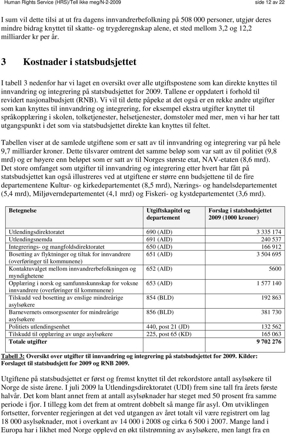 3 Kostnader i statsbudsjettet I tabell 3 nedenfor har vi laget en oversikt over alle utgiftspostene som kan direkte knyttes til innvandring og integrering på statsbudsjettet for 2009.