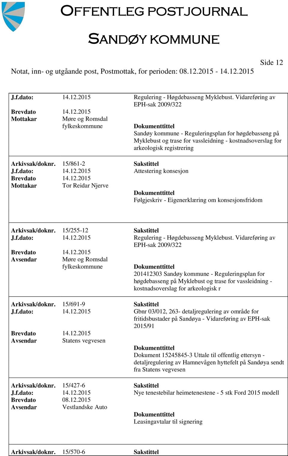 2015 Regulering - Høgdebasseng Myklebust. Vidareføring av EPH-sak 2009/322 Mottakar Møre og Romsdal fylkeskommune Arkivsak/doknr.