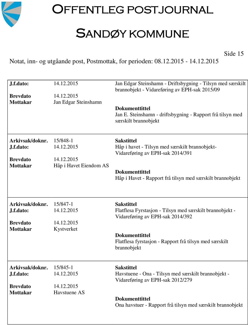 2015 Håp i havet - Tilsyn med særskilt brannobjekt- Vidareføring av EPH-sak 2014/391 Mottakar Håp i Havet Eiendom AS Håp i Havet - Rapport frå tilsyn med særskilt brannobjekt Arkivsak/doknr.