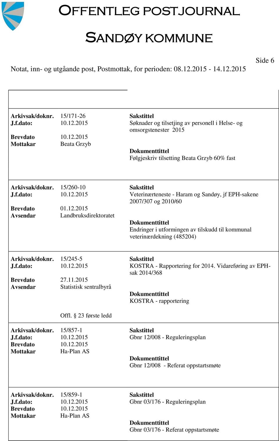 2015 Veterinærteneste - Haram og Sandøy, jf EPH-sakene 2007/307 og 2010/60 Brevdato 01.12.