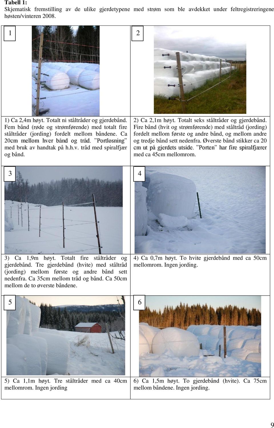 2) Ca 2,1m høyt. Totalt seks ståltråder og gjerdebånd. Fire bånd (hvit og strømførende) med ståltråd (jording) fordelt mellom første og andre bånd, og mellom andre og tredje bånd sett nedenfra.