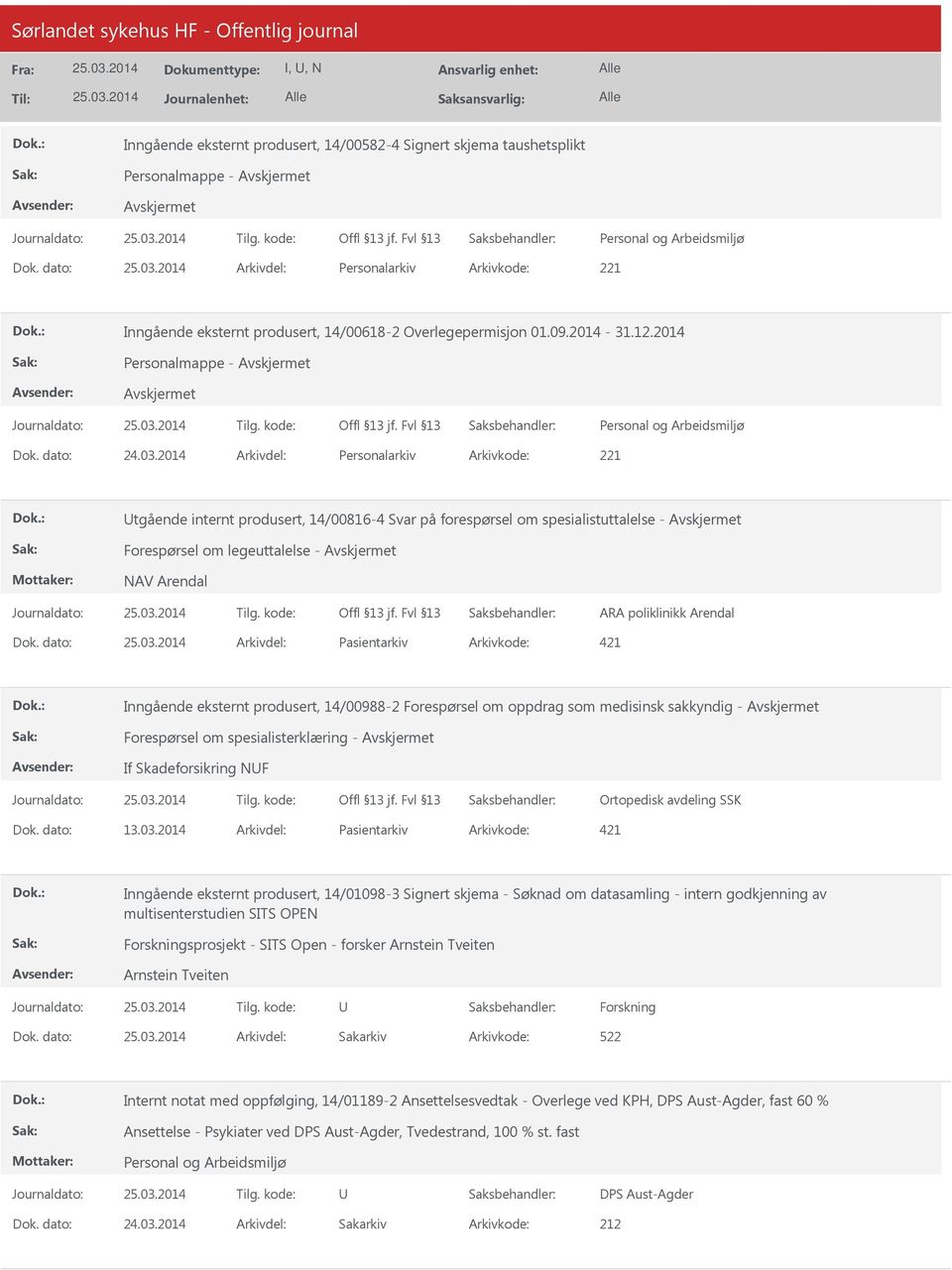 2014 Arkivdel: Personalarkiv Arkivkode: 221 Utgående internt produsert, 14/00816-4 Svar på forespørsel om spesialistuttalelse - Forespørsel om legeuttalelse - NAV Arendal ARA poliklinikk Arendal Dok.