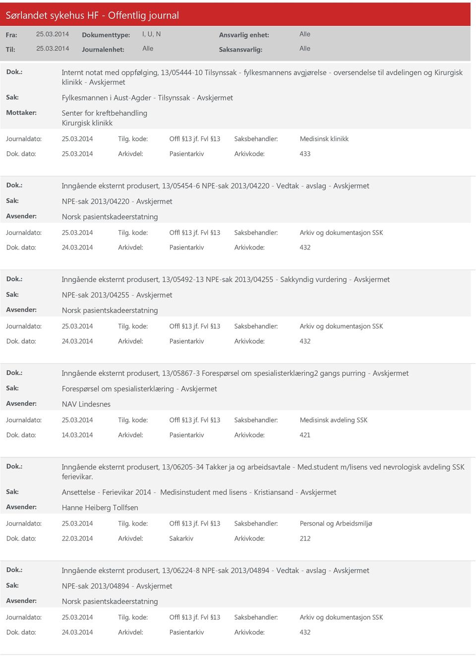 dato: Arkivdel: Pasientarkiv Arkivkode: 433 Inngående eksternt produsert, 13/05454-6 NPE-sak 2013/04220 - Vedtak - avslag - NPE-sak 2013/04220 - Norsk pasientskadeerstatning Dok. dato: 24.03.