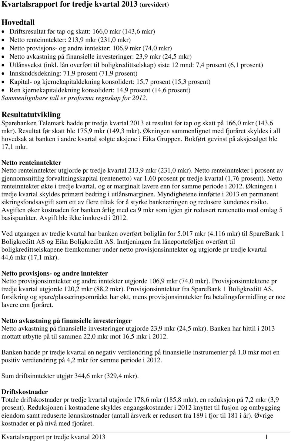 lån overført til boligkredittselskap) siste 12 mnd: 7,4 prosent (6,1 prosent) Innskuddsdekning: 71,9 prosent (71,9 prosent) Kapital- og kjernekapitaldekning konsolidert: 15,7 prosent (15,3 prosent)