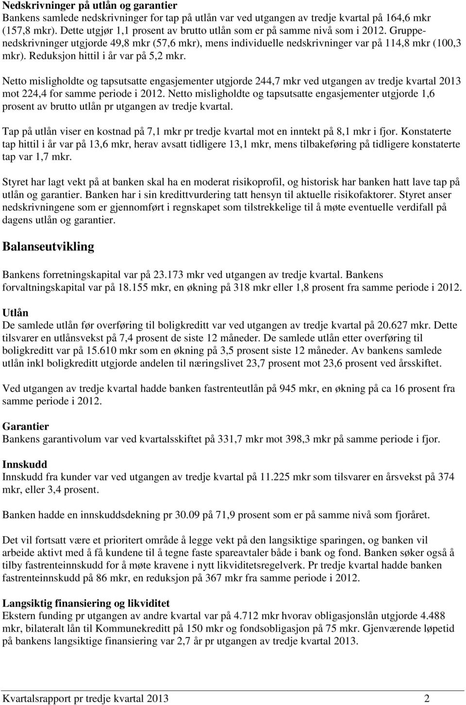 Reduksjon hittil i år var på 5,2 mkr. Netto misligholdte og tapsutsatte engasjementer utgjorde 244,7 mkr ved utgangen av tredje kvartal 2013 mot 224,4 for samme periode i 2012.