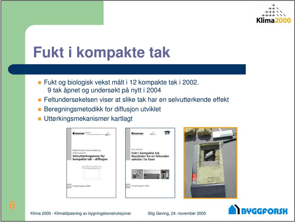 9 tak åpnet og undersøkt på nytt i 2004 Feltundersøkelsen viser