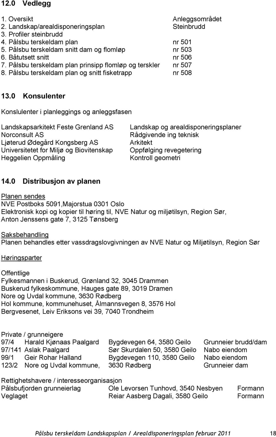 0 Konsulenter Konslulenter i planleggings og anleggsfasen Landskapsarkitekt Feste Grenland AS Norconsult AS Ljøterud Ødegård Kongsberg AS Universitetet for Miljø og Biovitenskap Heggelien Oppmåling