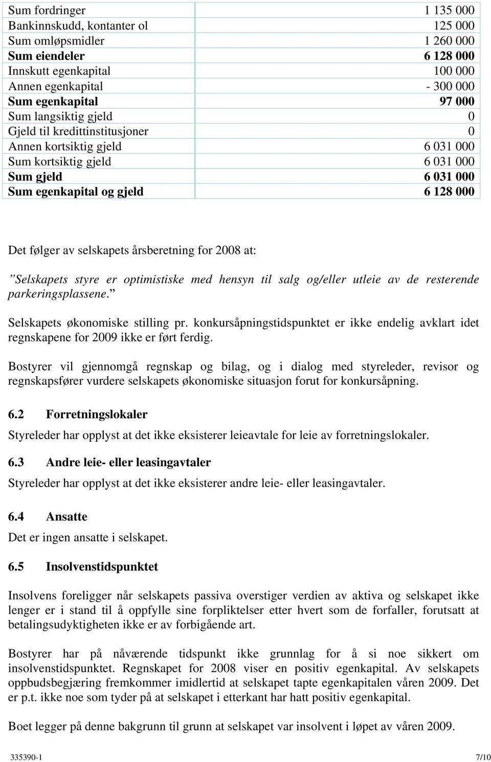 årsberetning for 2008 at: Selskapets styre er optimistiske med hensyn til salg og/eller utleie av de resterende parkeringsplassene. Selskapets økonomiske stilling pr.