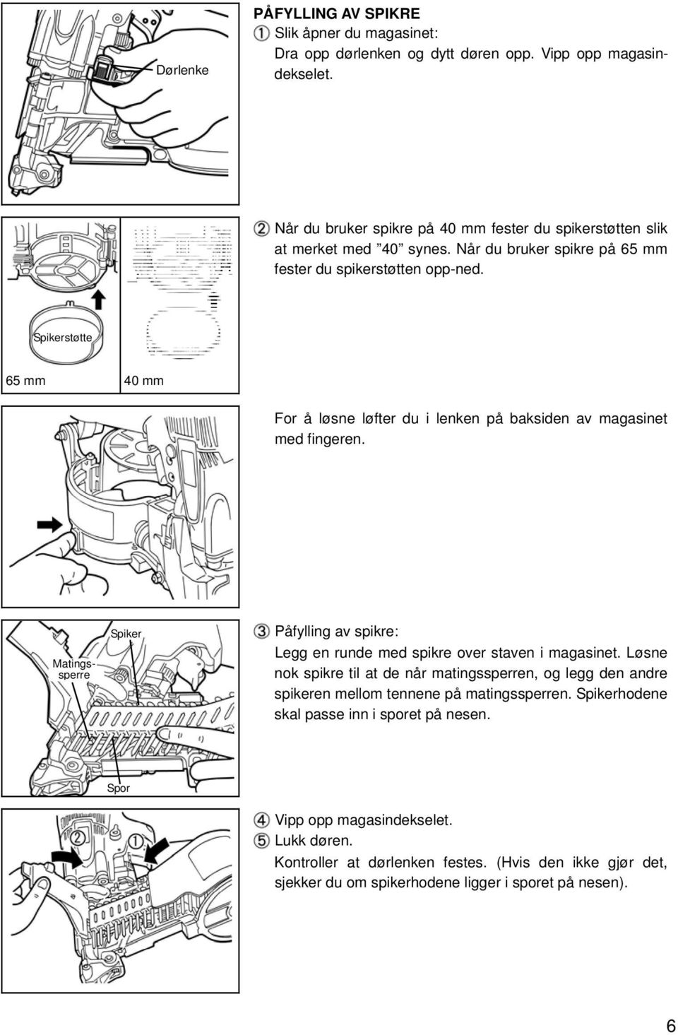 Spikerstøtte 65 mm 40 mm For å løsne løfter du i lenken på baksiden av magasinet med fingeren. Matingssperre Spiker Påfylling av spikre: Legg en runde med spikre over staven i magasinet.