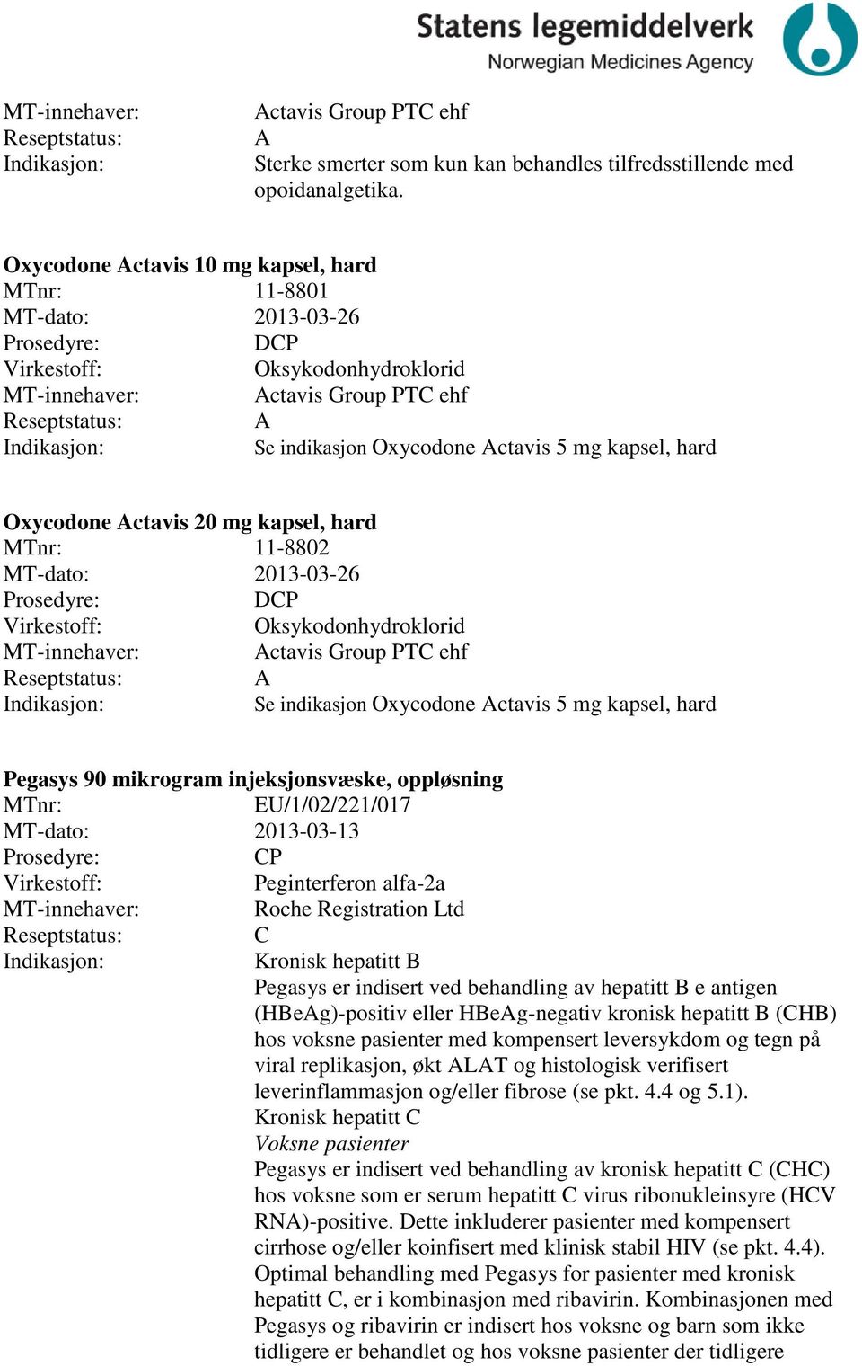 11-8802 MT-dato: 2013-03-26 DP Oksykodonhydroklorid Actavis Group PT ehf A Se indikasjon Oxycodone Actavis 5 mg kapsel, hard Pegasys 90 mikrogram injeksjonsvæske, oppløsning EU/1/02/221/017 MT-dato: