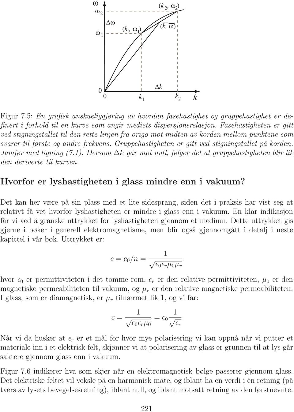 Fasehastigheten er gitt ved stigningstallet til den rette linjen fra origo mot midten av korden mellom punktene som svarer til første og andre frekvens.