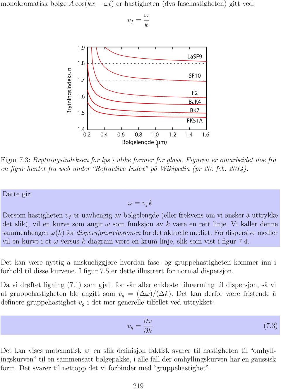 Dette gir: ω = v f k Dersom hastigheten v f er uavhengig av bølgelengde (eller frekvens om vi ønsker å uttrykke det slik), vil en kurve som angir ω som funksjon av k være en rett linje.