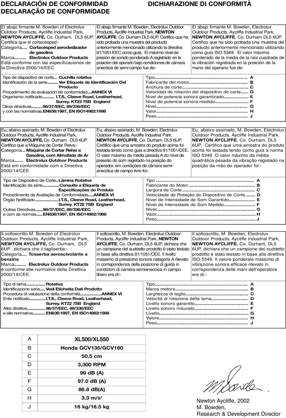 .. Electrolux Outdoor Products Está conforme con las especificaciones de la Directiva 000/4/EEC El abajo firmante M. Bowden, Electrolux Outdoor Products, Aycliffe Industrial Park, NEWTON AYCLIFFE, Co.