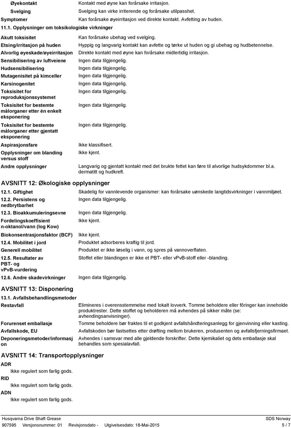 Karsinogenitet Toksisitet for reproduksjonssystemet Toksisitet for bestemte målorganer etter én enkelt eksponering Toksisitet for bestemte målorganer etter gjentatt eksponering Aspirasjonsfare