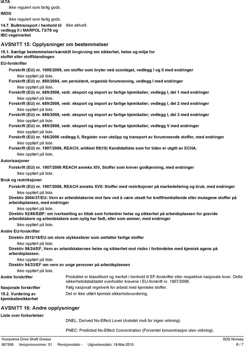 689/2008, vedr. eksport og import av farlige kjemikalier, vedlegg I, del 1 med endringer Forskrift (EU) nr. 689/2008, vedr.