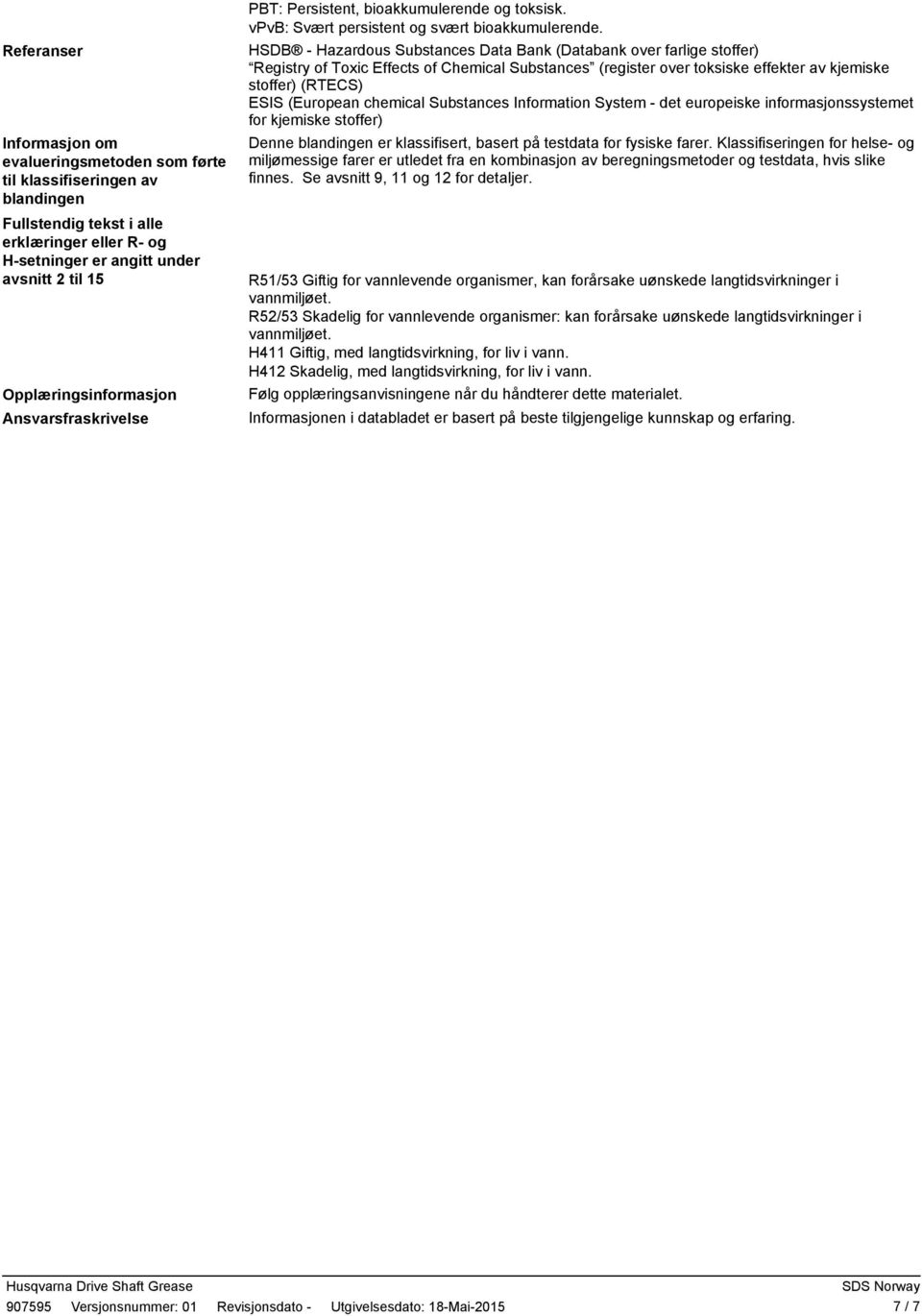 HSDB Hazardous Substances Data Bank (Databank over farlige stoffer) Registry of Toxic Effects of Chemical Substances (register over toksiske effekter av kjemiske stoffer) (RTECS) ESIS (European