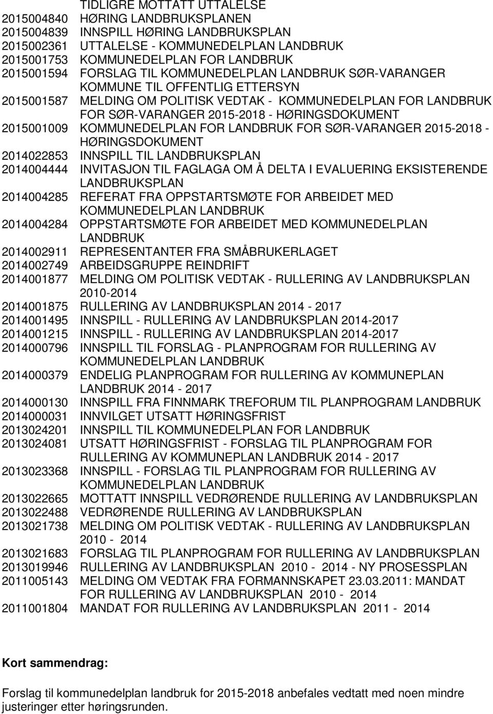 2015001009 KOMMUNEDELPLAN FOR LANDBRUK FOR SØR-VARANGER 2015-2018 - HØRINGSDOKUMENT 2014022853 INNSPILL TIL LANDBRUKSPLAN 2014004444 INVITASJON TIL FAGLAGA OM Å DELTA I EVALUERING EKSISTERENDE