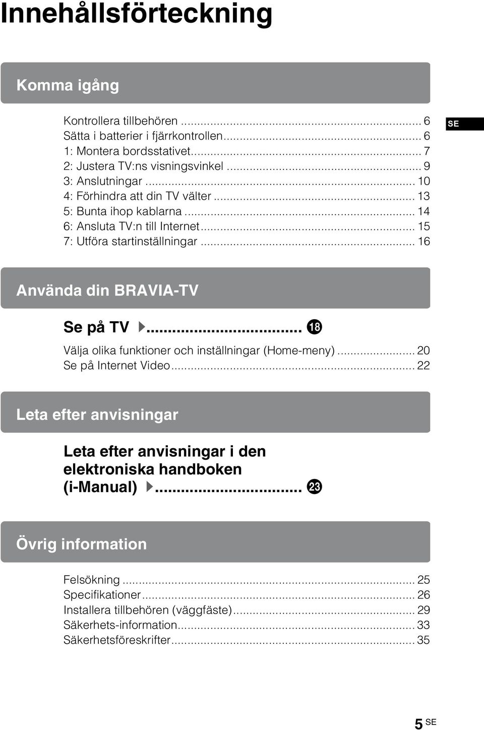 .. 16 SE Använda din BRAVIA-TV Se på TV B... qk Välja olika funktioner och inställningar (Home-meny)... 20 Se på Internet Video.