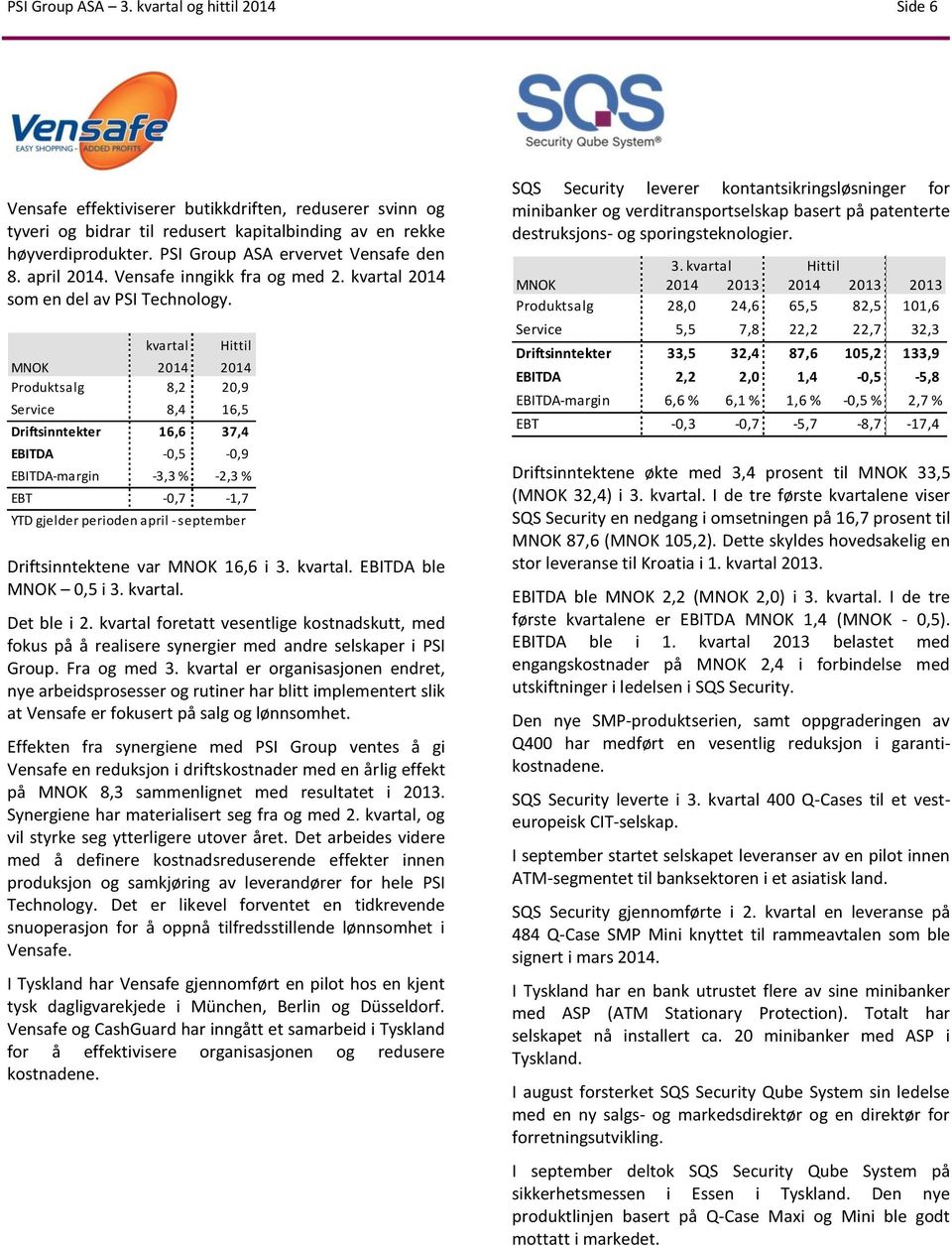 kvartal Hittil MNOK 2014 2014 Produktsalg 8,2 20,9 Service 8,4 16,5 Driftsinntekter 16,6 37,4 EBITDA -0,5-0,9 EBITDA-margin -3,3 % -2,3 % EBT -0,7-1,7 YTD gjelder perioden april - september