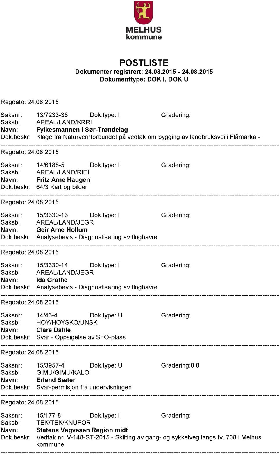 beskr: 64/3 Kart og bilder Saksnr: 15/3330-13 Dok.type: I Gradering: Saksb: AREAL/LAND/JEGR Navn: Geir Arne Hollum Dok.beskr: Analysebevis - Diagnostisering av floghavre Saksnr: 15/3330-14 Dok.