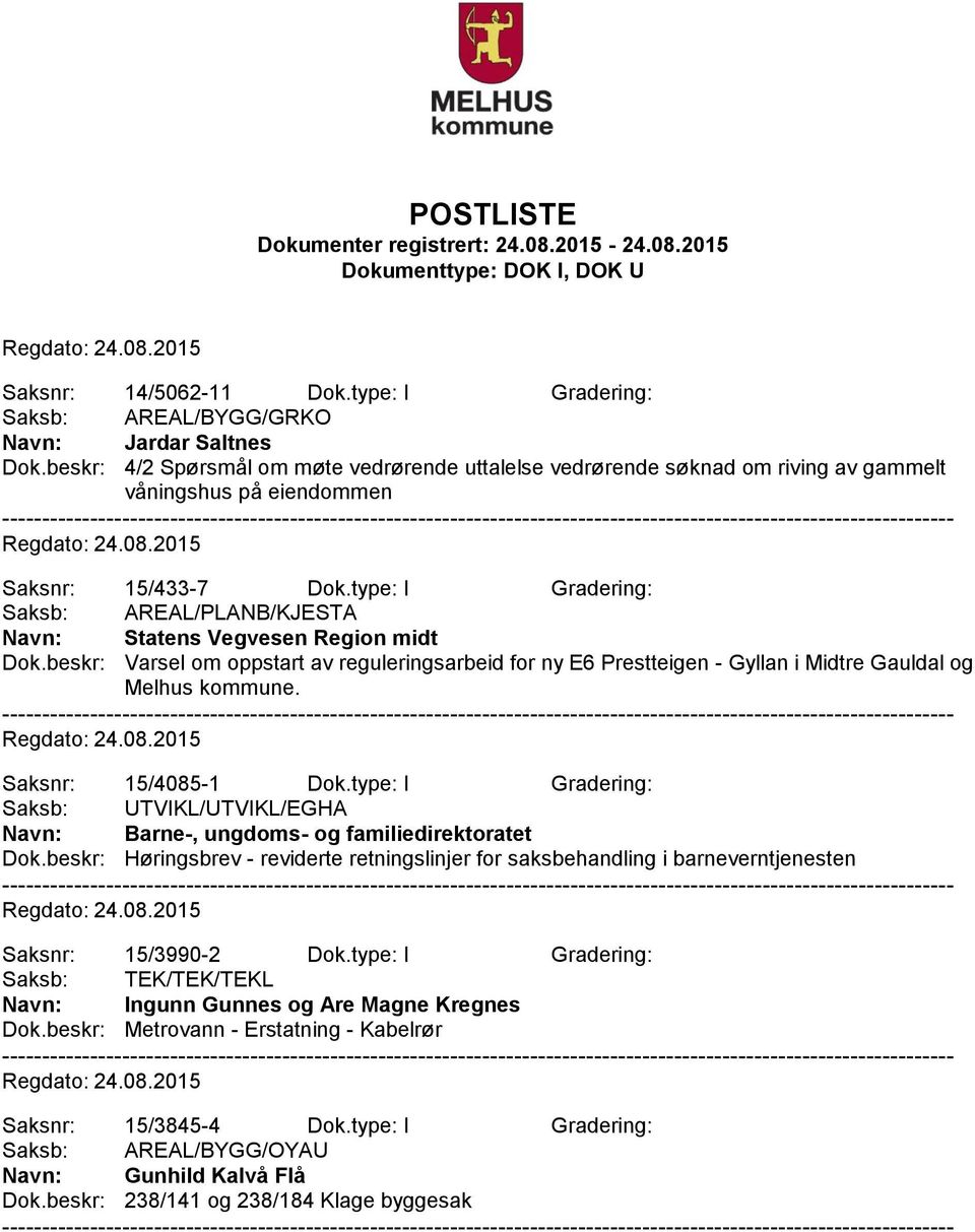 beskr: Varsel om oppstart av reguleringsarbeid for ny E6 Prestteigen - Gyllan i Midtre Gauldal og Melhus kommune. Saksnr: 15/4085-1 Dok.