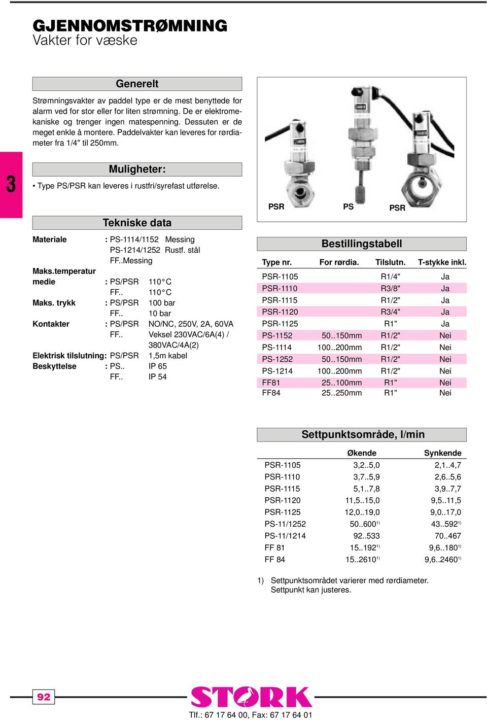 Materiale : PS-1114/1152 Messing PS-1214/1252 Rustf. stål FF..Messing Maks.temperatur medie : PS/PSR 110 C FF.. 110 C Maks. trykk : PS/PSR 100 bar FF.
