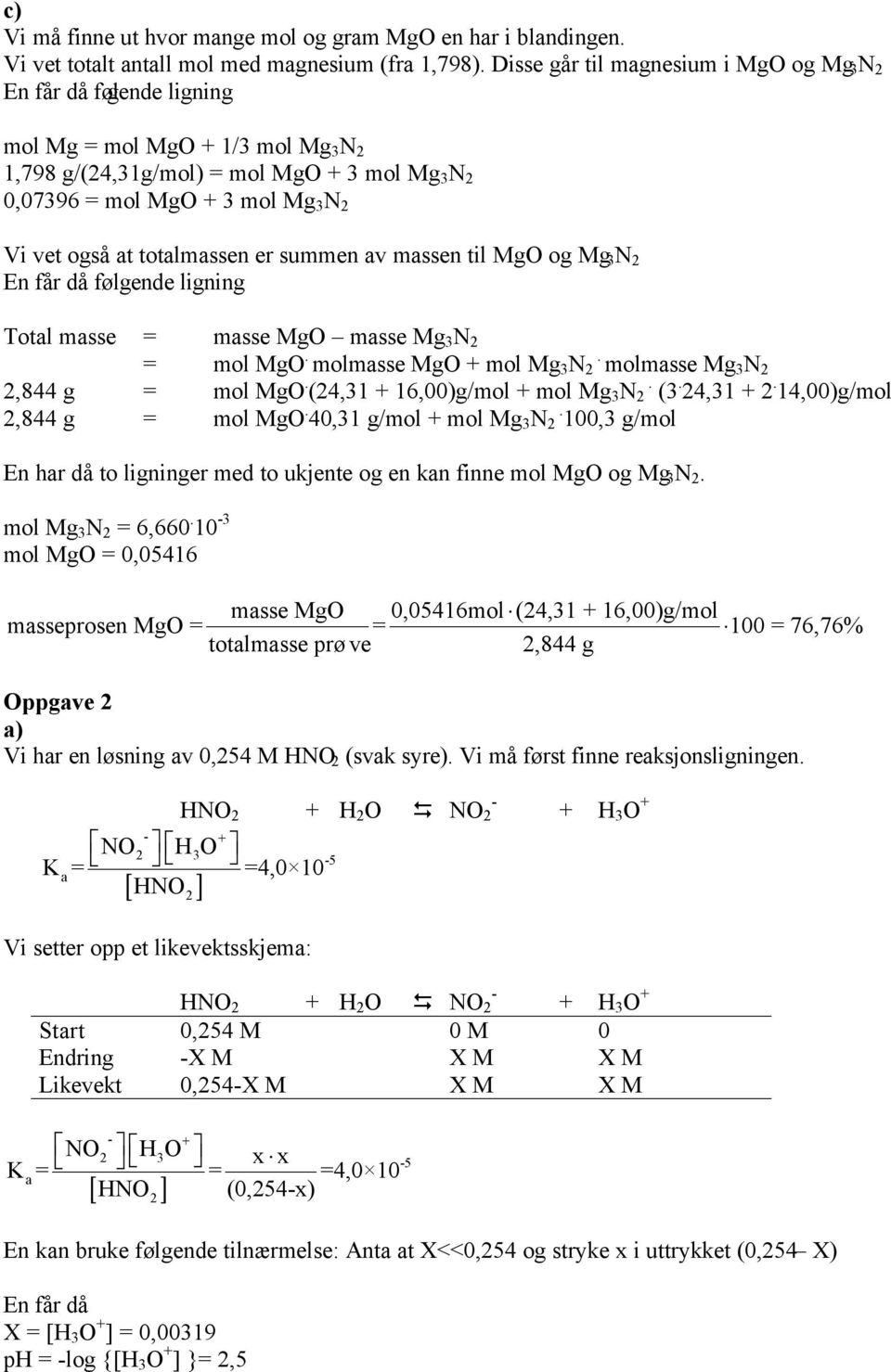 summen av massen til MgO og Mg N En får då følgende ligning Total masse = masse MgO masse Mg N = mol MgO. molmasse MgO + mol Mg N. molmasse Mg N,844 g = mol MgO. (4,1 + 16,00)g/mol + mol Mg N. (. 4,1 +.