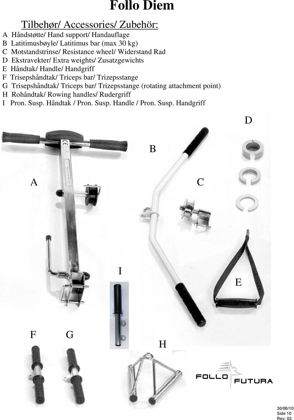 F Trisepshåndtak/ Triceps bar/ Trizepsstange G Trisepshåndtak/ Triceps bar/ Trizepsstange (rotating attachment point) H