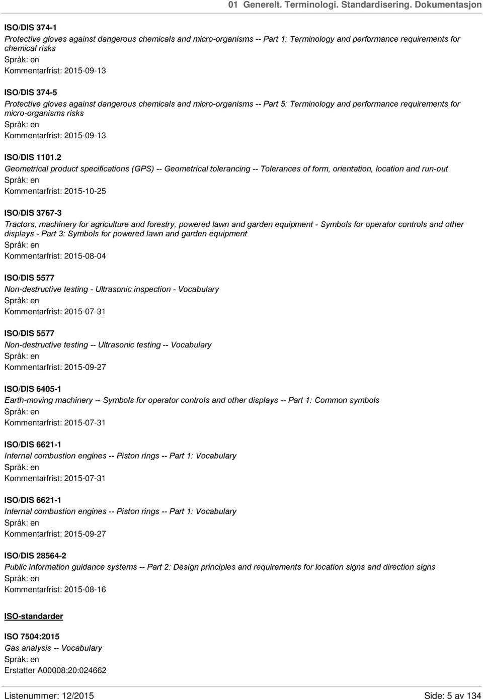 374-5 Protective gloves against dangerous chemicals and micro-organisms -- Part 5: Terminology and performance requirements for micro-organisms risks Kommentarfrist: 2015-09-13 ISO/DIS 1101.