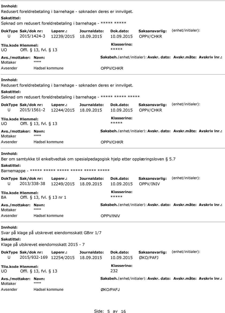 2015/1561-2 12244/2015 OPPV/CHKR O Mottaker OPPV/CHKR Ber om samtykke til enkeltvedtak om spesialpedagogisk hjelp etter opplæringsloven 5.