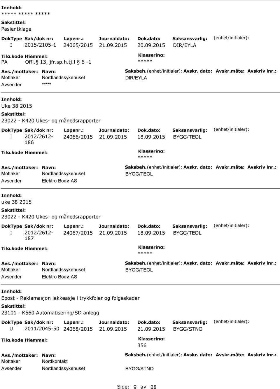 uke 38 2015 23022 - K420 kes- og månedsrapporter 2012/2612-187 24067/2015 BYGG/TEOL BYGG/TEOL Elektro Bodø AS Epost -