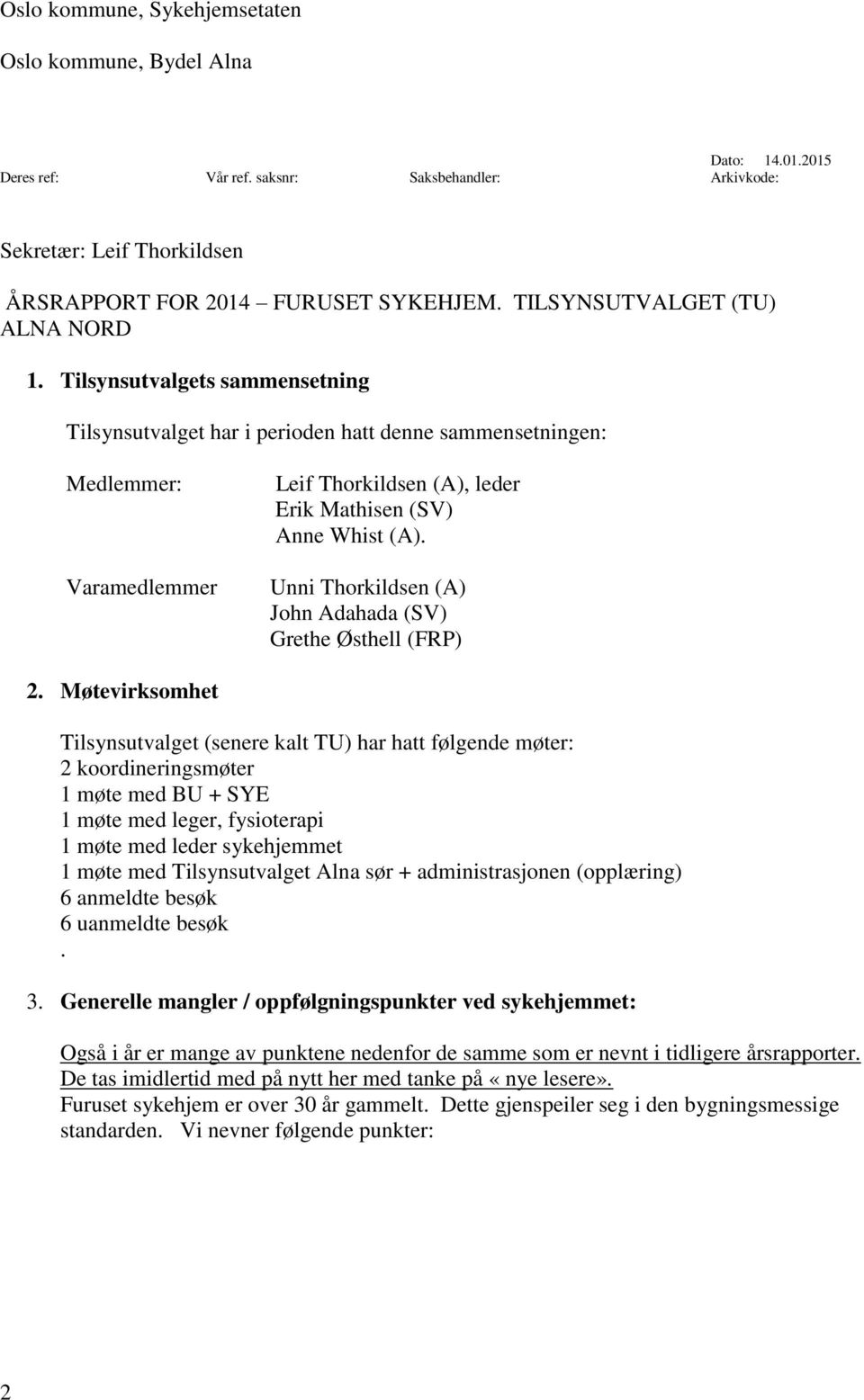 Tilsynsutvalgets sammensetning Tilsynsutvalget har i perioden hatt denne sammensetningen: Medlemmer: Varamedlemmer Leif Thorkildsen (A), leder Erik Mathisen (SV) Anne Whist (A).