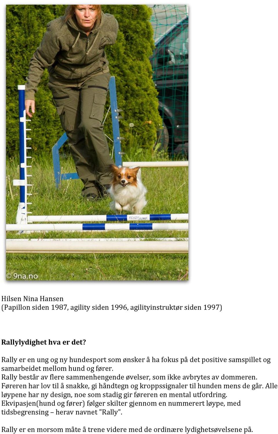 Rally består av flere sammenhengende øvelser, som ikke avbrytes av dommeren. Føreren har lov til å snakke, gi håndtegn og kroppssignaler til hunden mens de går.