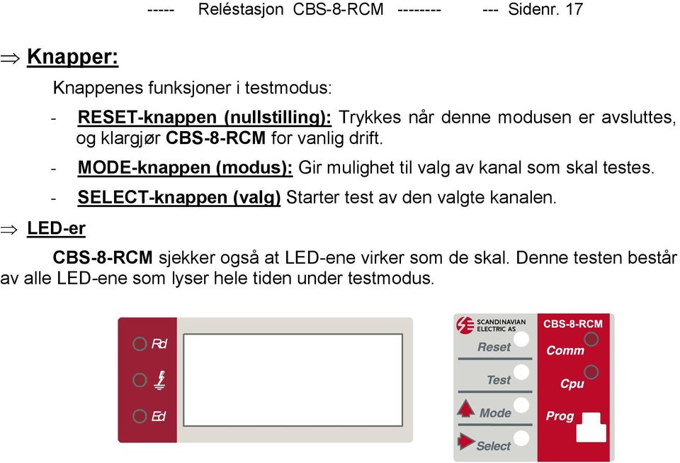 klargjør CBS-8-RCM for vanlig drift. - MODE-knappen (modus): Gir mulighet til valg av kanal som skal testes.