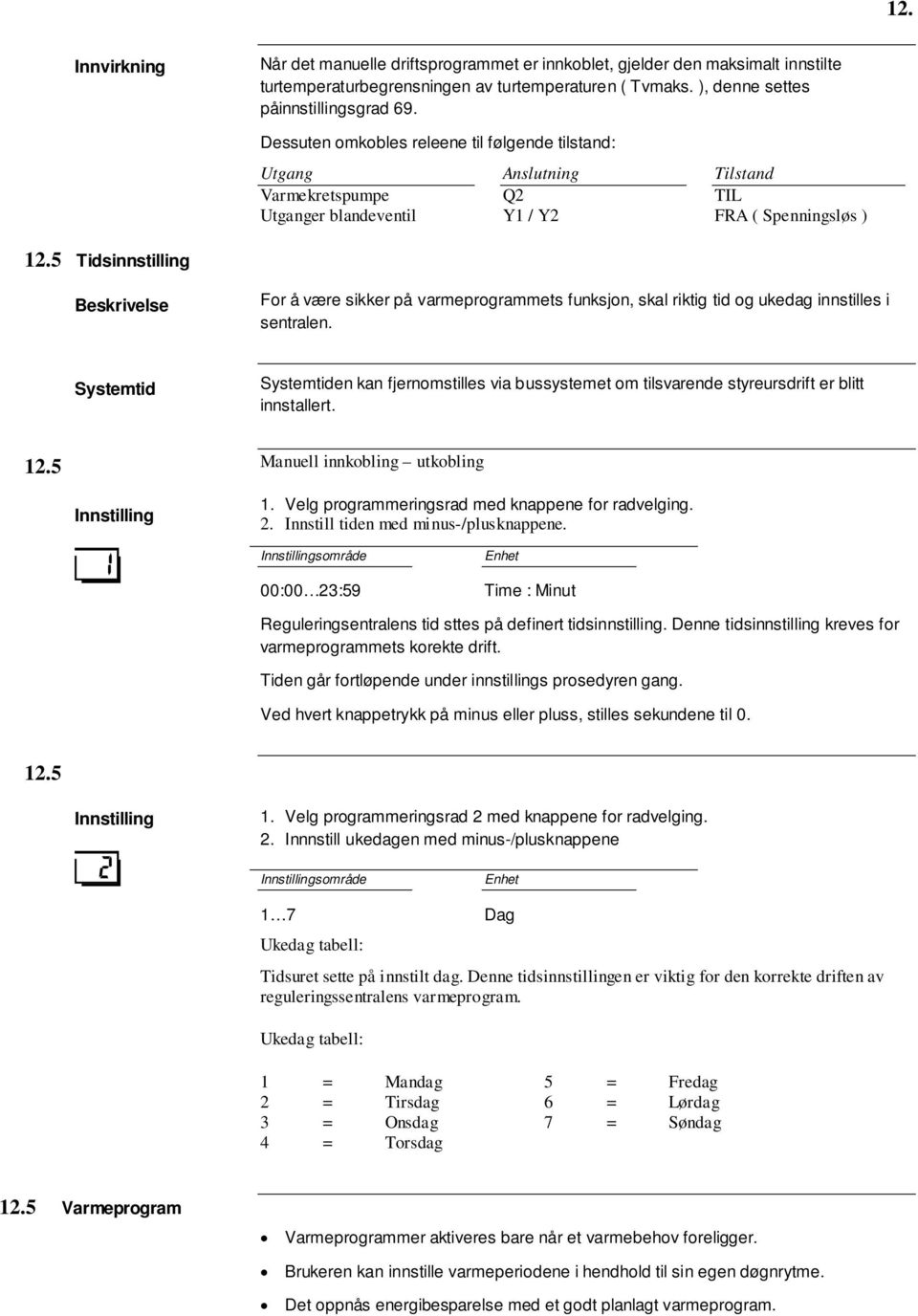 5 Tidsinnstilling Beskrivelse For å være sikker på varmeprogrammets funksjon, skal riktig tid og ukedag innstilles i sentralen.